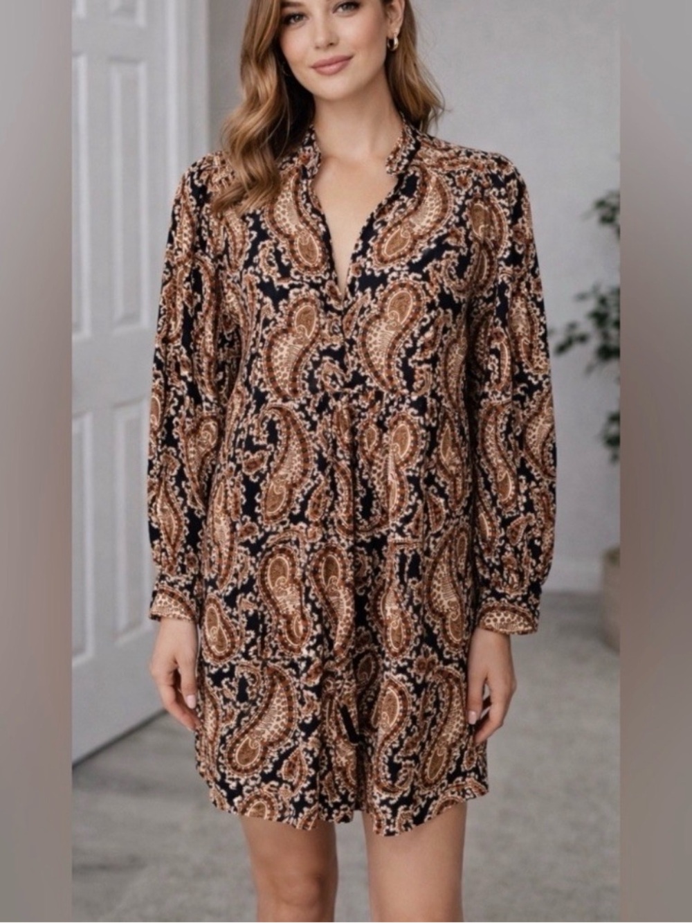Banana Republic Solari Corduroy Mini Dress Size Medium Paisley Brown Long Sleeve